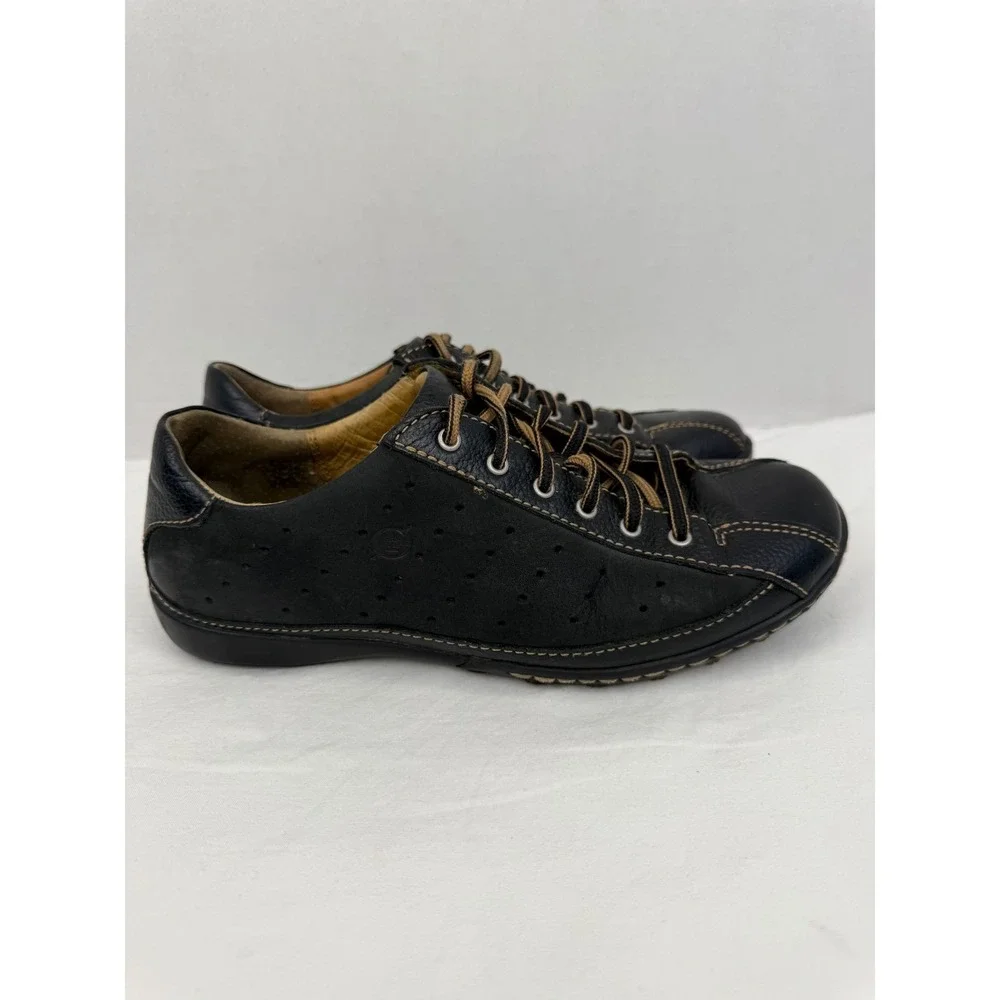 Born‎ Black Grey Leather Suede Low Top Lace Up Casual Ballet Sneakers Sz 8 / 39